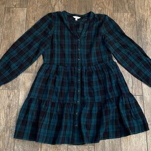 Time & Tru Green Navy Plaid Flannel Tiered Dress-Size M Medium